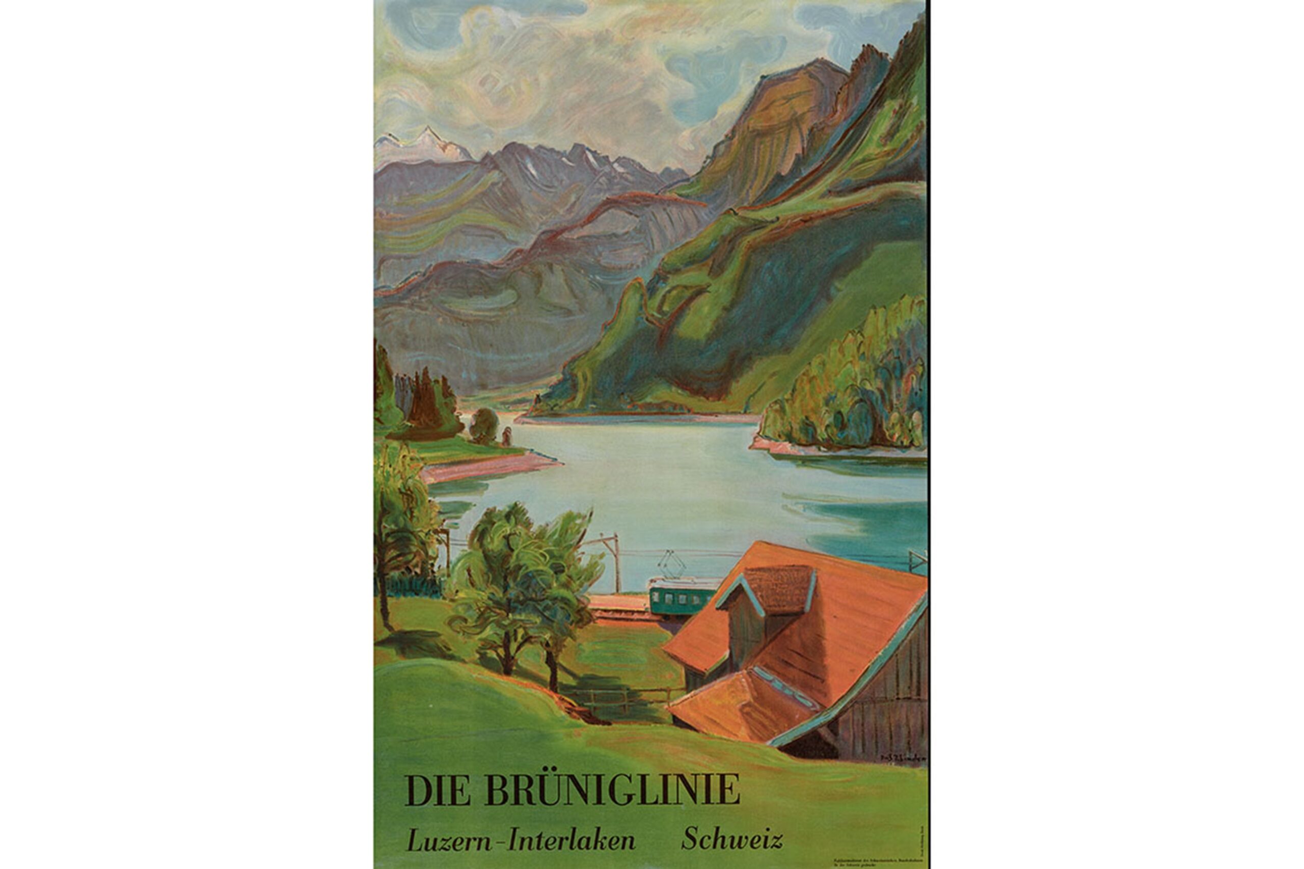 Die Brüniglinie Luzern–Interlaken Schweiz, Plakat von J. E. Wolfensberger, gemalt von Fritz Karl Zbinen 1954, ©SBB Historic
